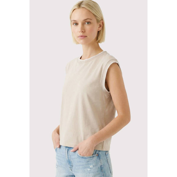 Beige Stitched Cotton Cap Sleeve Top