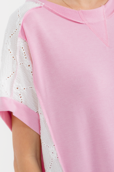 Pink & Ivory Lace Sleeve Tee