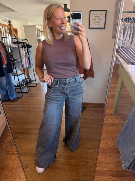 Judy Blue Sloane Grey Mid-Rise Palazzo Split Back Yoke