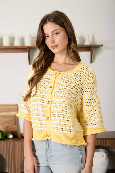 Yellow Striped Short Sleeve Crochet Knit Cardigan