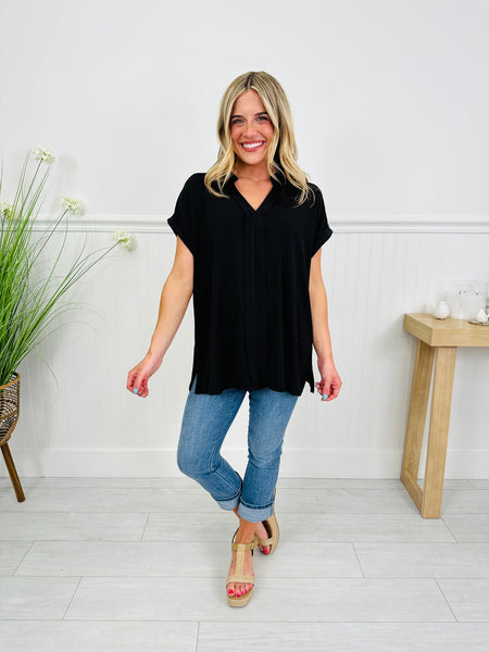 Black Wrinkle-Free Pleated Lizzy Blouse