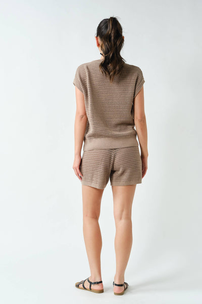 Silken Taupe Coastal Crochet Breeze Knit Top