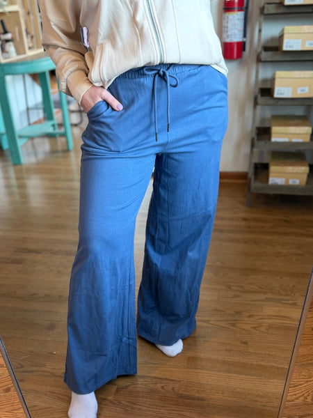 Dusty Navy Cotton Wide Leg Pants