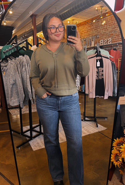 Olive Raw Edge Hooded Top