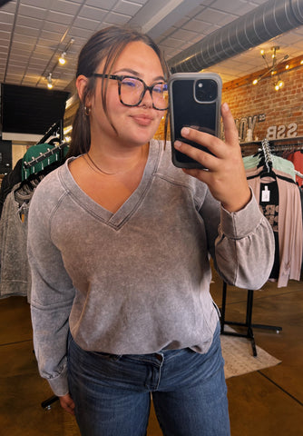 Washed Grey V-Neck Top