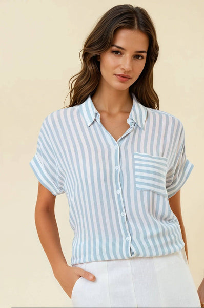 White & Dusty Blue Stripe Short Sleeve Button Top