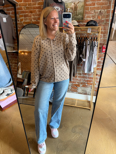 Polka Dot Button Down Raw Edge Knit Cardigan
