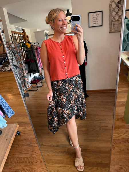 Coral Button Front Cropped Tank Top