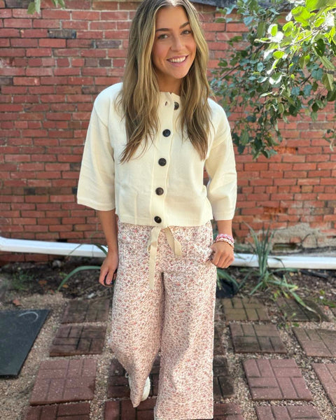 Cream Floral Cotton Wide Leg Pants
