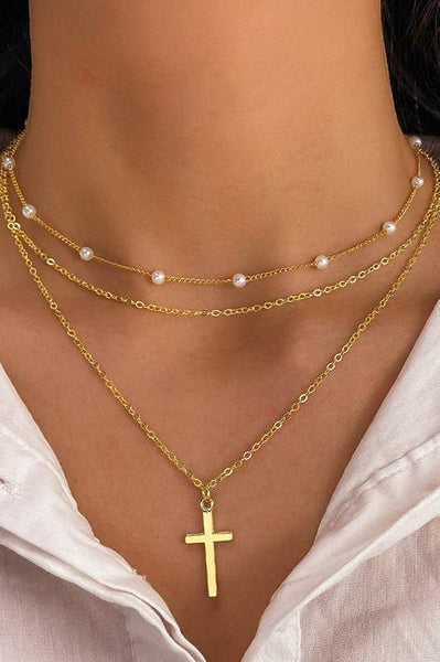 Gold 18K Stainless Steel Tarnish Free Layered Cross Necklace