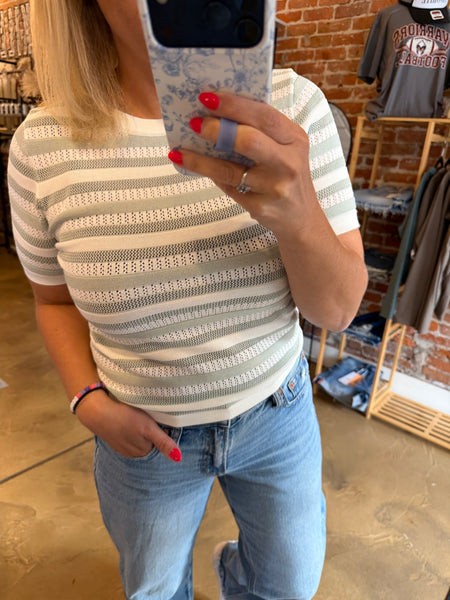 Sage Stripe Short Sleeve Color Block Knit Top