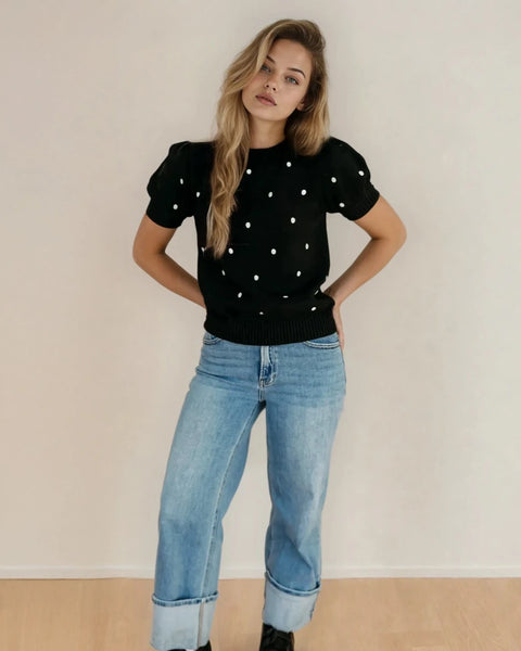 Black Polka Dot Short Sleeve Sweater