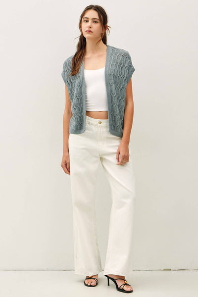 Teal Crochet Knit Short Sleeve Open Front Cardigan