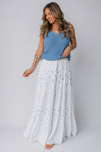 Sky Blue Floral Print Boho Maxi Skirt