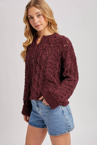 Maroon Button Open Knit Sweater