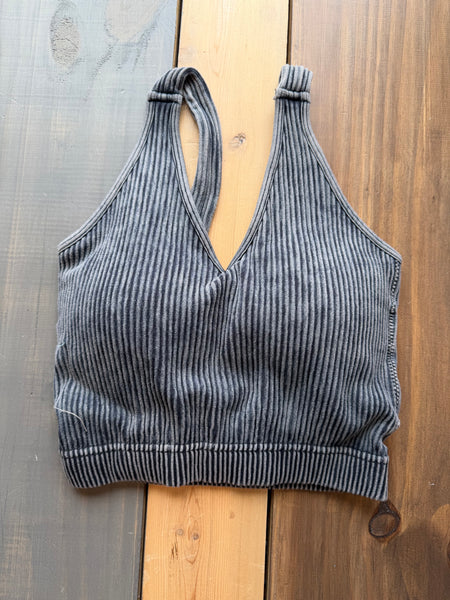 Ash Black Acid Wash Cropped Tank With Removable Pads