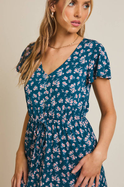 Teal Disy Floral Short Sleeve Dress