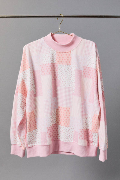 Pink Patch Work Mockneck Sweatshirt