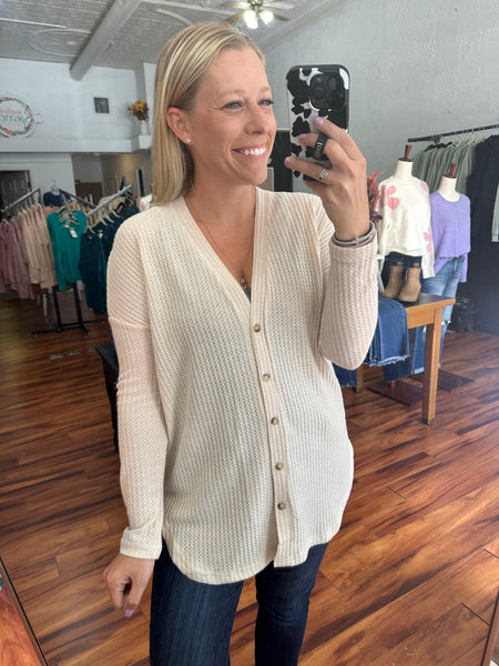 Waffle Knit Cardigan in Sand