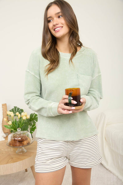Light Olive Washed Pocked Ribbed Knit Top