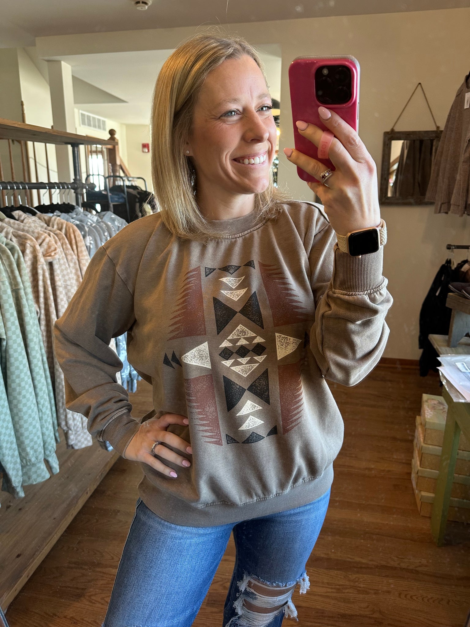 Taupe Aztec Mineral Wash Graphic Sweatshirt