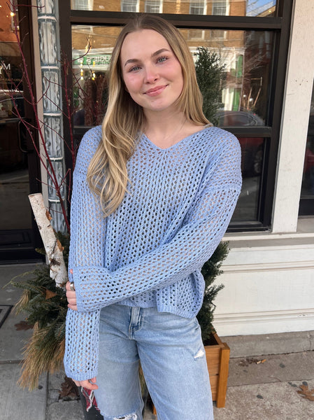 Powder Blue V-Neck Open Knit Top