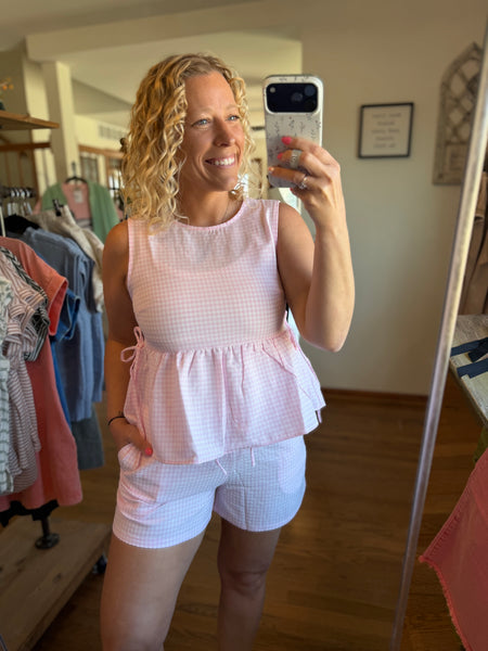 Pink Gingham Sleeveless Peplum Top