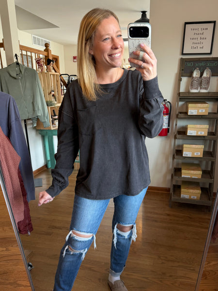 Black Oversized Washed Long Sleeve Pocket Tee