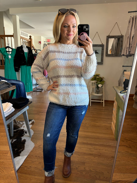 Cream Striped Popcorn Sweater