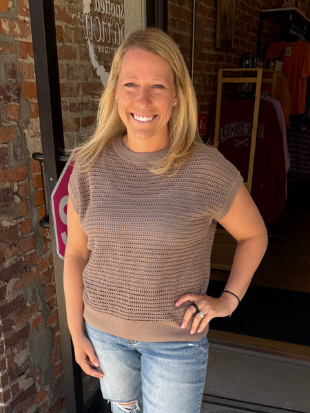 Silken Taupe Coastal Crochet Breeze Knit Top