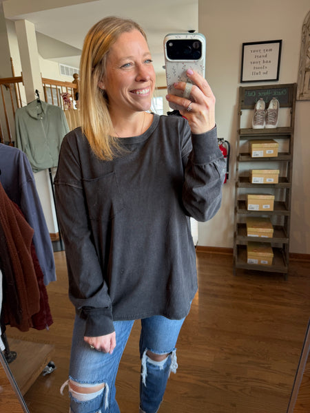 Black Oversized Washed Long Sleeve Pocket Tee