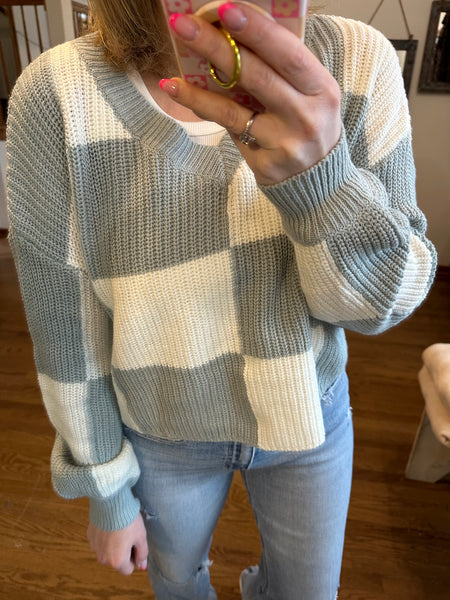 Cropped Dusty Mint Checkered V-Knit Sweater