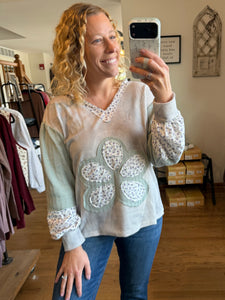 Sage Boho Floral Patched Waffle Top