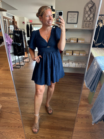 Navy Eyelet Embroidered Twist Front Dress