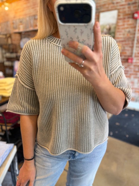 Light Olive Mineral Wash Short Sleeve Knit Top