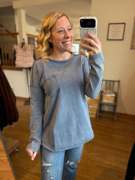 Denim Blue Mineral Wash Long Sleeve Top