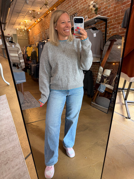 Grey & Aqua Scalloped Edge Sweater