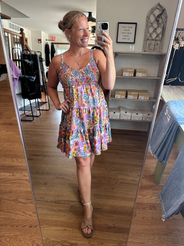 Peach & Lavender Floral Smocked Bust Sundress