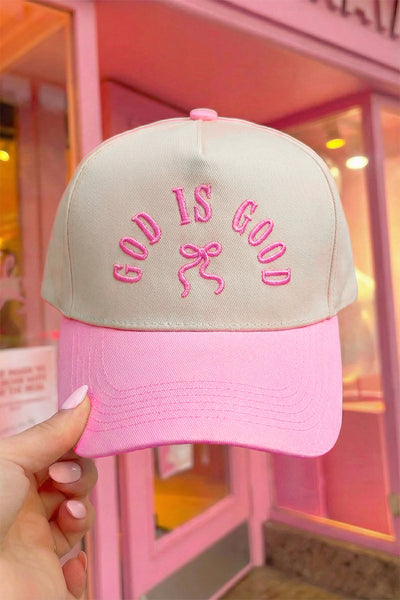 Pink GOD IS GOOD Embroidered Bow Baseball Cap