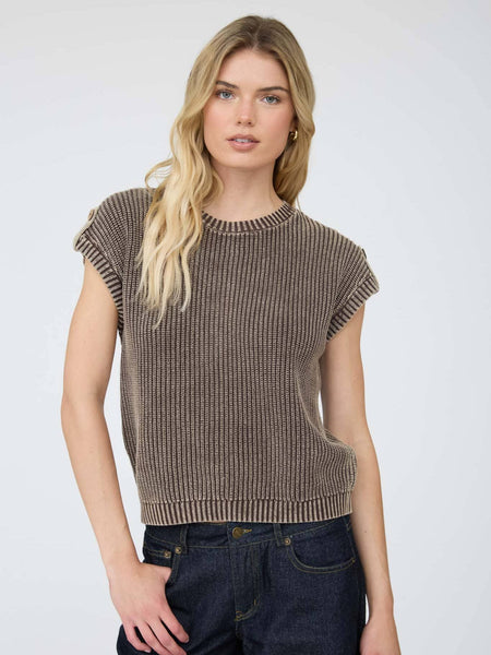 Dark Brown Acid Wash Back Button Knit Top