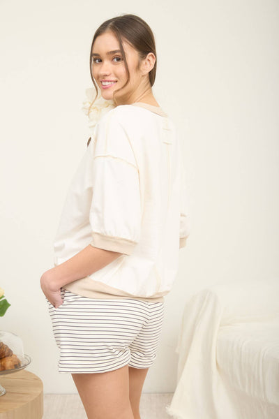 Cream Contrast Trim Short Sleeve Knit Top