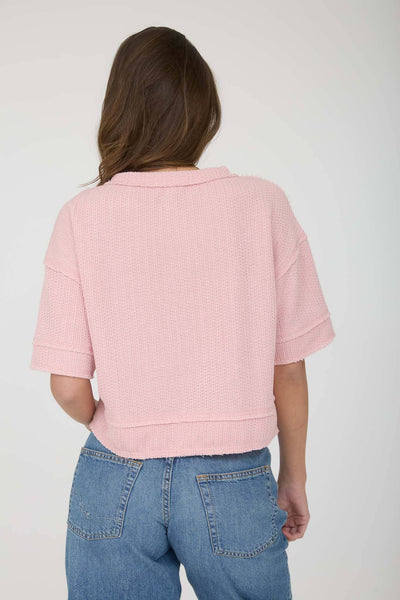 Pink Raw Edge Short Sleeve Henley Top