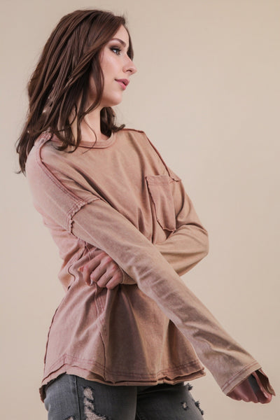 Mocha Mineral Wash Long Sleeve Top