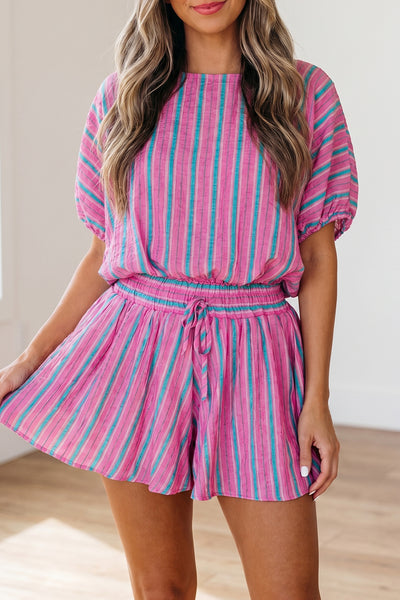 Pink & Blue Stripe Shorts & Top Set