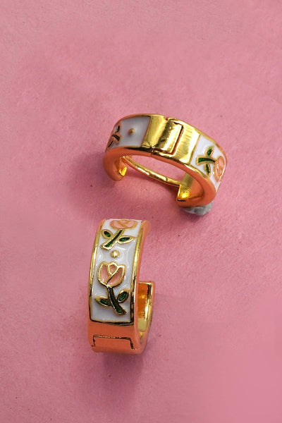 Gold Vintage Floral Huggie Hoop Earrings