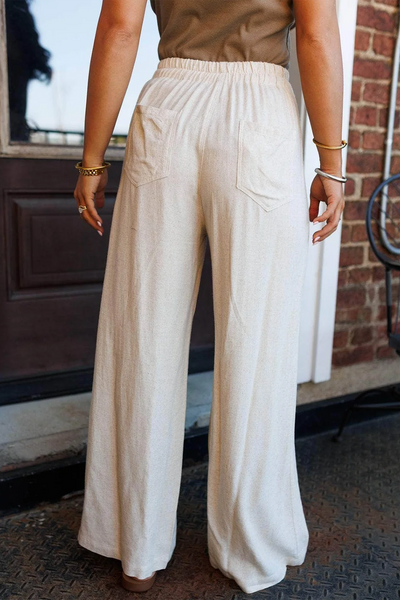 White Linen Tie Waist Button Detail Pants