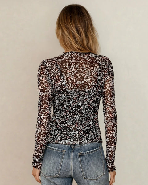 Black Ditsy Floral Mesh Thumbhole Sleeve Top