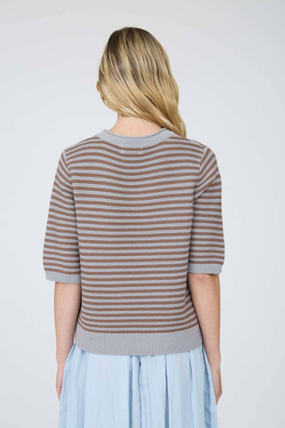 Gray and Mocha Textured Stripe Crew Neck Half Sleeve Sweater