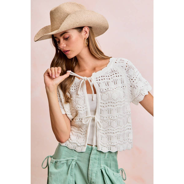 Ivory Pointelle Knit Front Bow Top