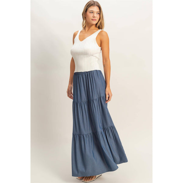 Denim Blue Tiered Maxi Skirt